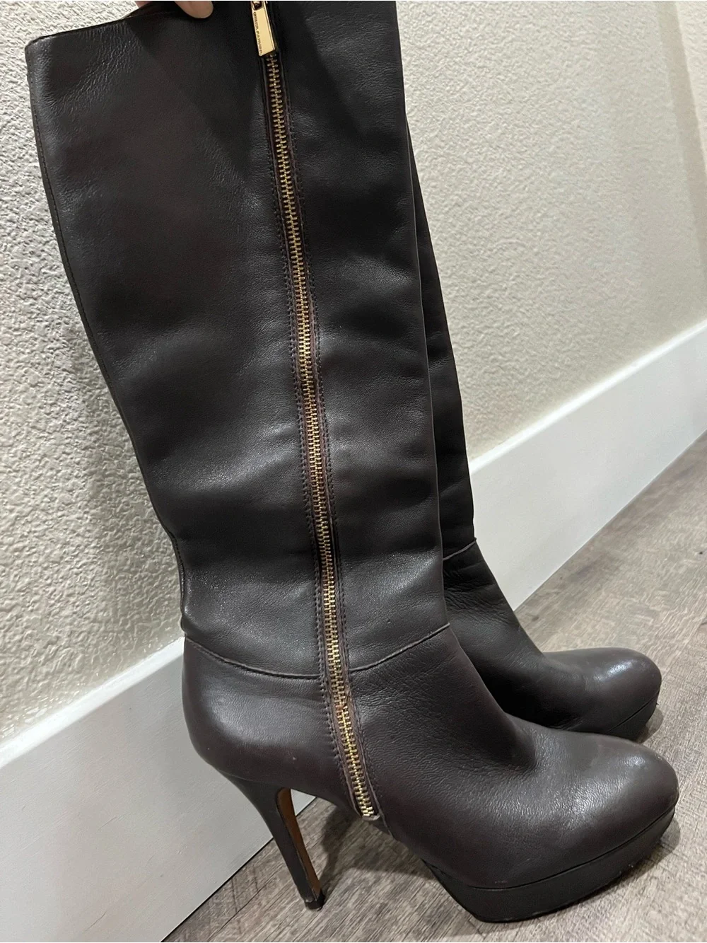 Black Leather Knee-High Platform Stiletto Boots